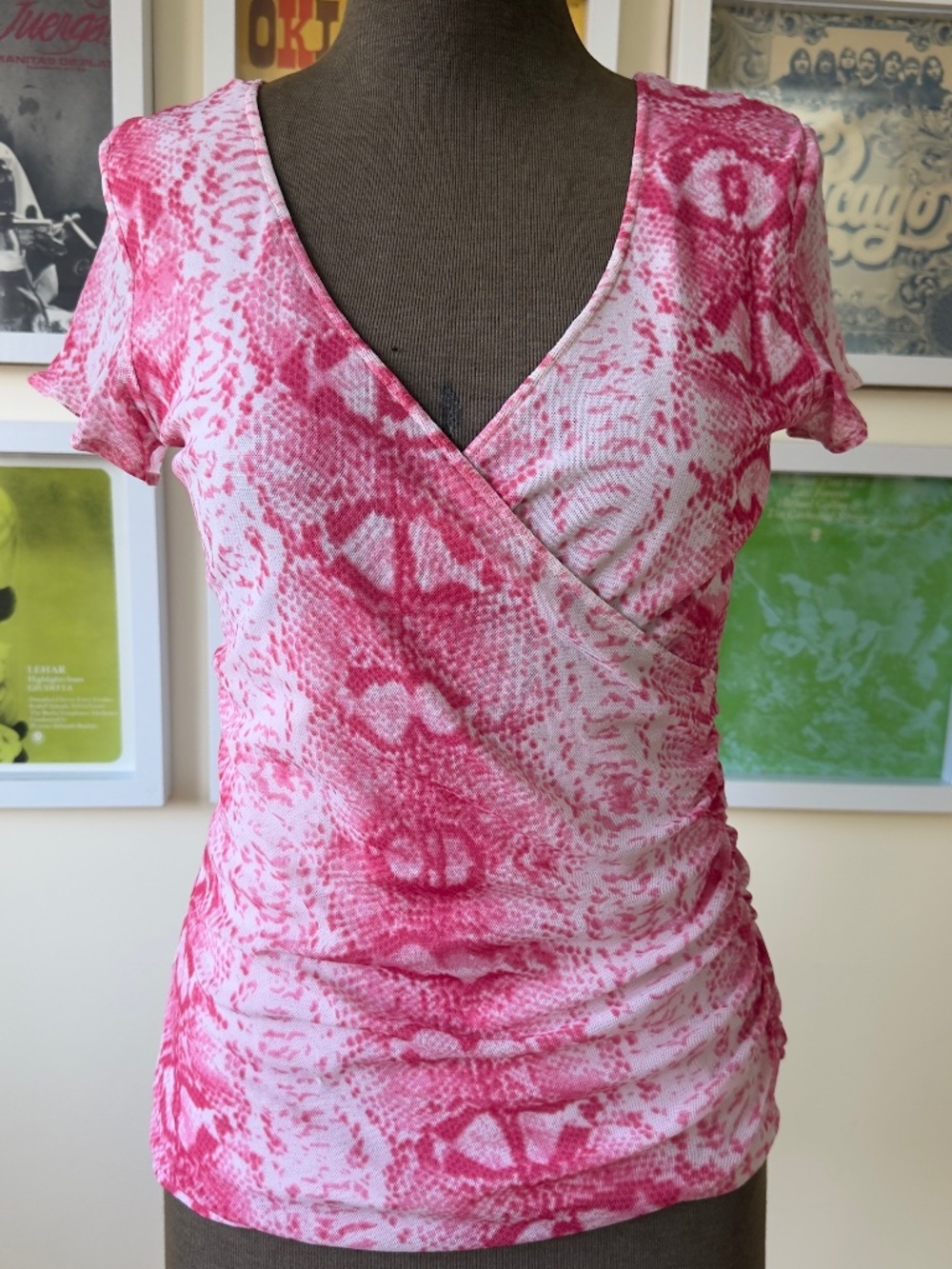 Y2K Pink Snake Print Ruched Wrap Top | Mesh V-Neck | McBling Coquette 2000s